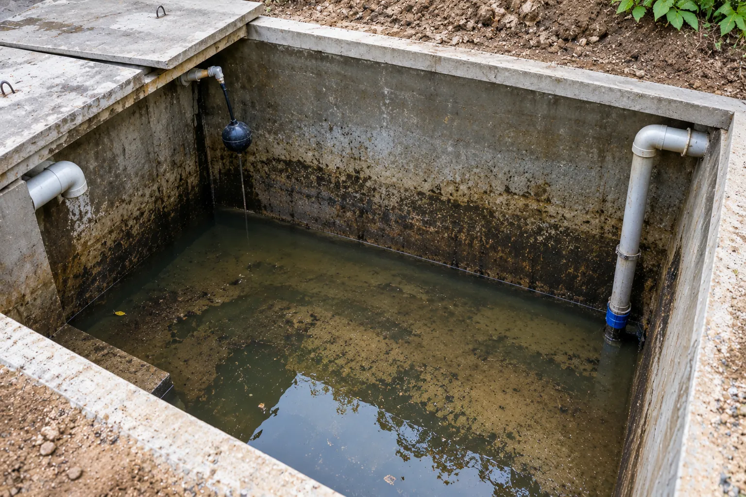 Underground water tank in Karachi before cleaning, with sludge on the floor